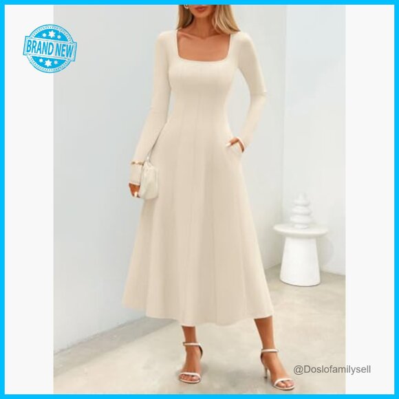 Elegant Square Neck Midi Dress Long Sleeve High Waist Flowy Cocktail Party - Picture 2 of 7